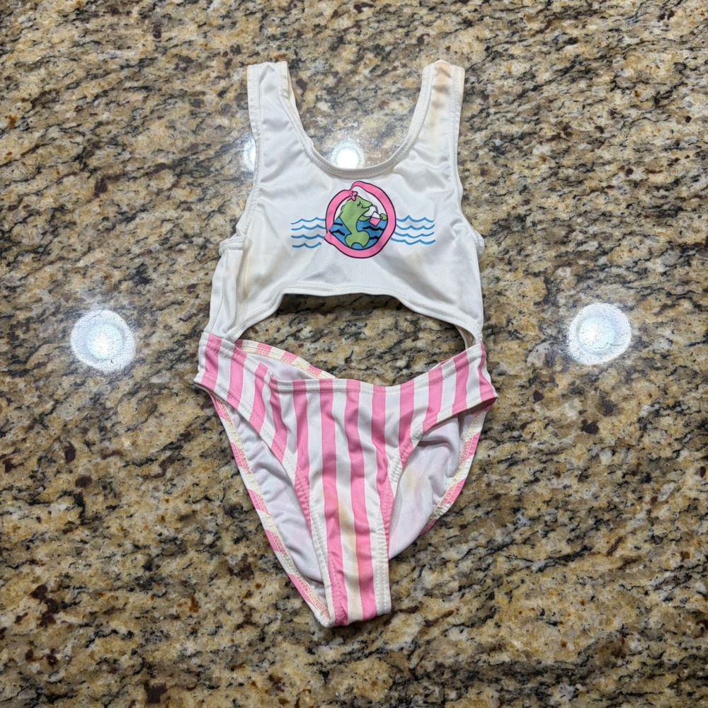 Vintage Star Fish Girls Pink White Striped Dolphin Cutout One Piece Swimsuit 4T